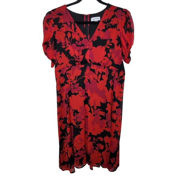 Calvin Klein Dresses & Skirts - Calvin Klein Puff Sleeve Empire Waist Sheath Black Red Dress Women's Size 12